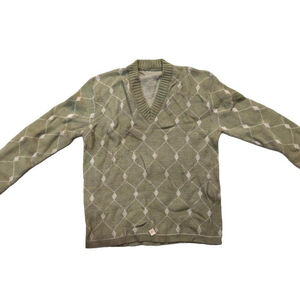 Vintage 1940s-1950s Olive/Pea Green Beige Woven Print Knit V-Neck Sweater